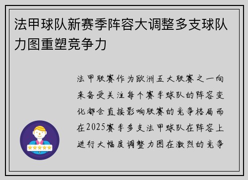 法甲球队新赛季阵容大调整多支球队力图重塑竞争力