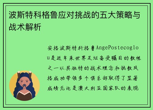 波斯特科格鲁应对挑战的五大策略与战术解析 波斯特科格鲁应对挑战的五大策略与战术解析