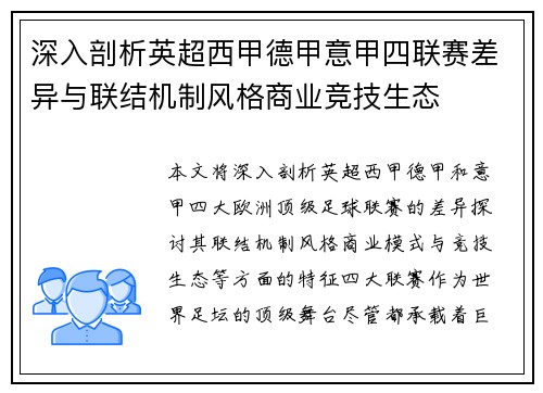 深入剖析英超西甲德甲意甲四联赛差异与联结机制风格商业竞技生态