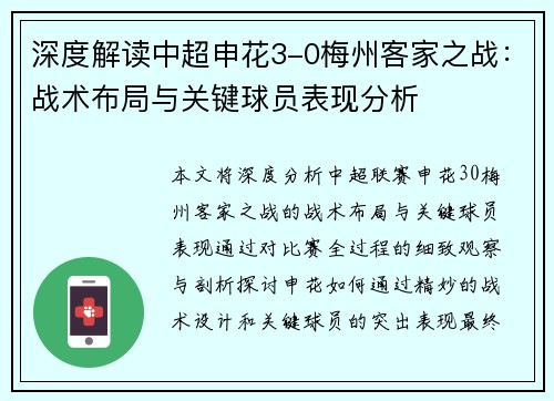 深度解读中超申花3-0梅州客家之战：战术布局与关键球员表现分析