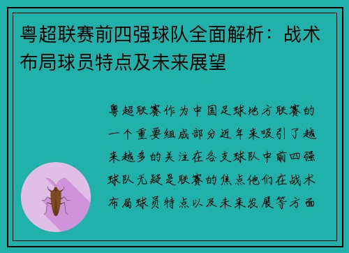 粤超联赛前四强球队全面解析：战术布局球员特点及未来展望