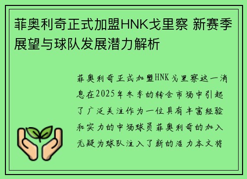 菲奥利奇正式加盟HNK戈里察 新赛季展望与球队发展潜力解析